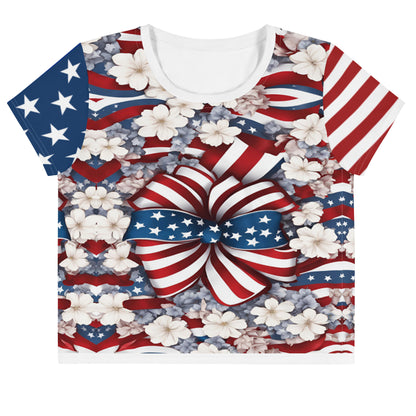 Women's Patriotic Crop Tee with USA Flag, Flowers, and Bows - Printspirationz