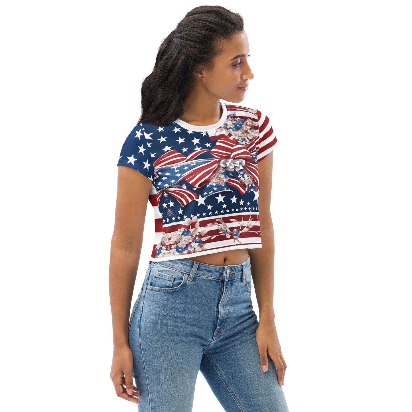 Women's Patriotic Crop Tee with USA Flag, Flowers, and Bows - Printspirationz