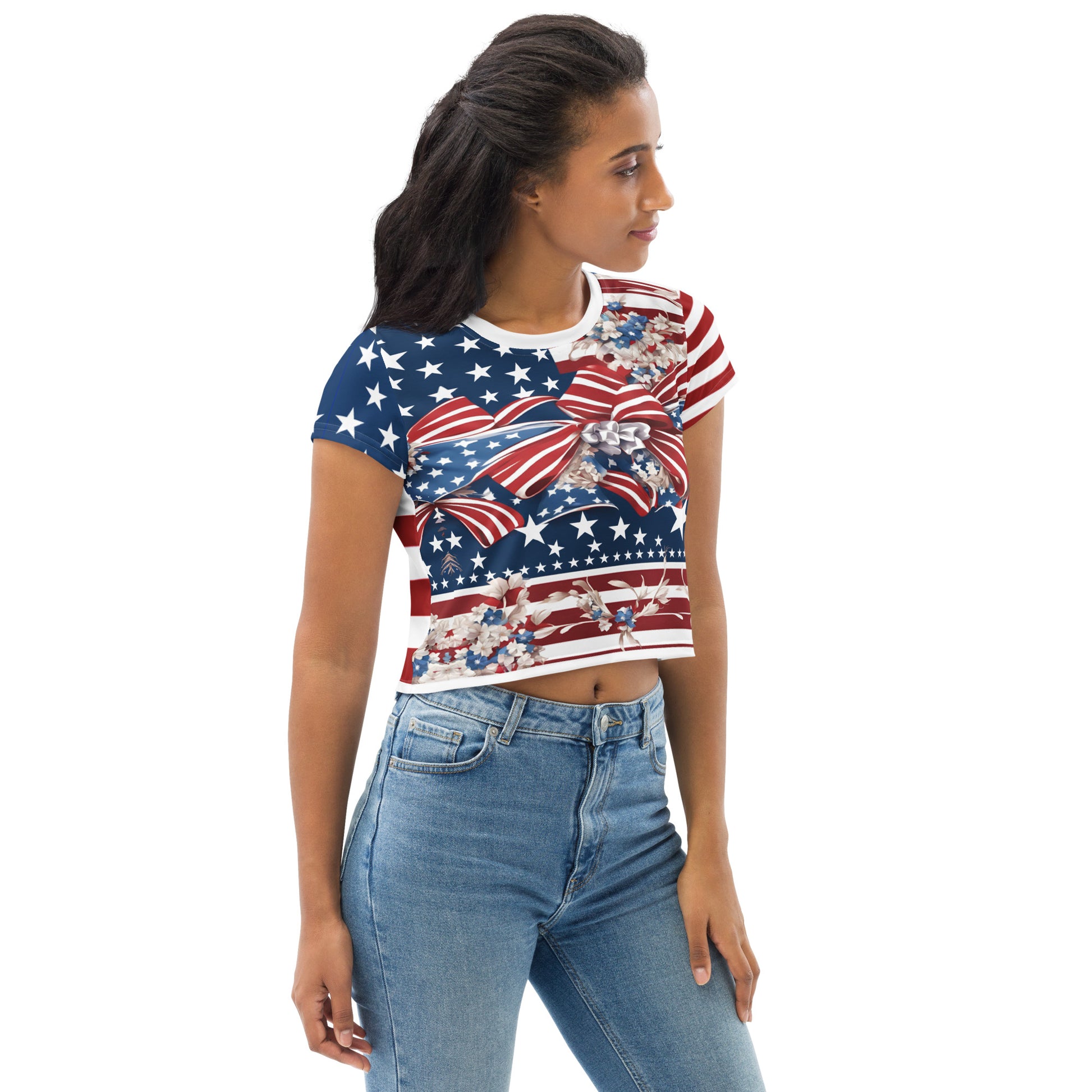 Women's Patriotic Crop Tee with USA Flag, Flowers, and Bows - Printspirationz