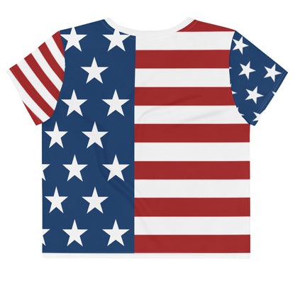Women's Patriotic Crop Tee with USA Flag, Flowers, and Bows - Printspirationz