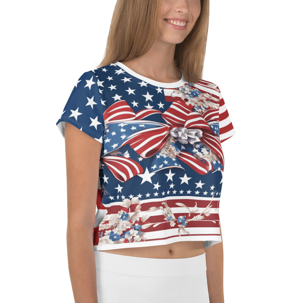 Women's Patriotic Crop Tee with USA Flag, Flowers, and Bows - Printspirationz
