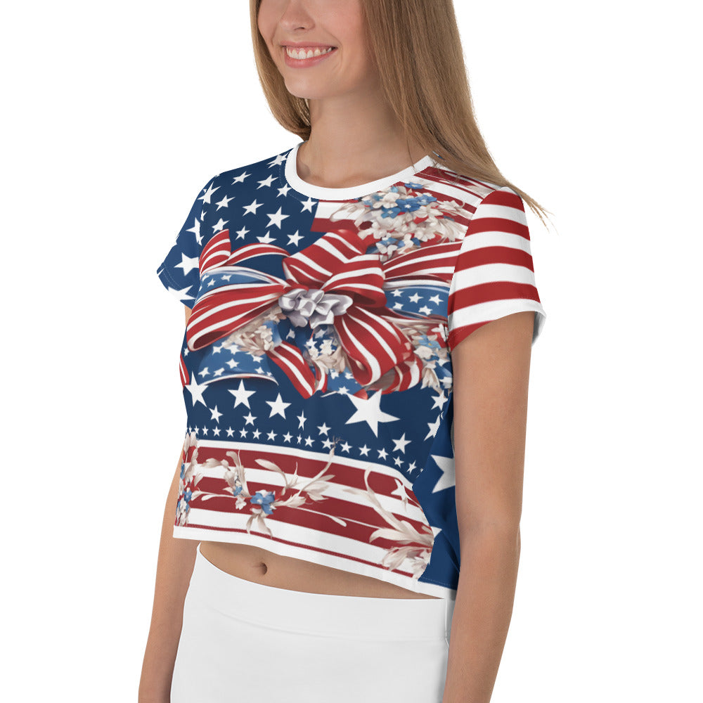 Women's Patriotic Crop Tee with USA Flag, Flowers, and Bows - Printspirationz