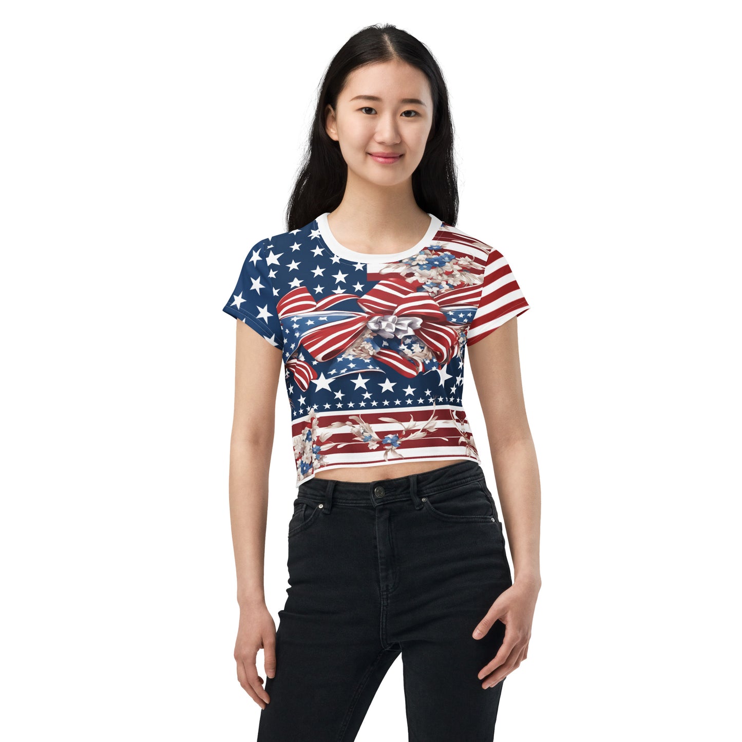 Women's Patriotic Crop Tee with USA Flag, Flowers, and Bows - Printspirationz