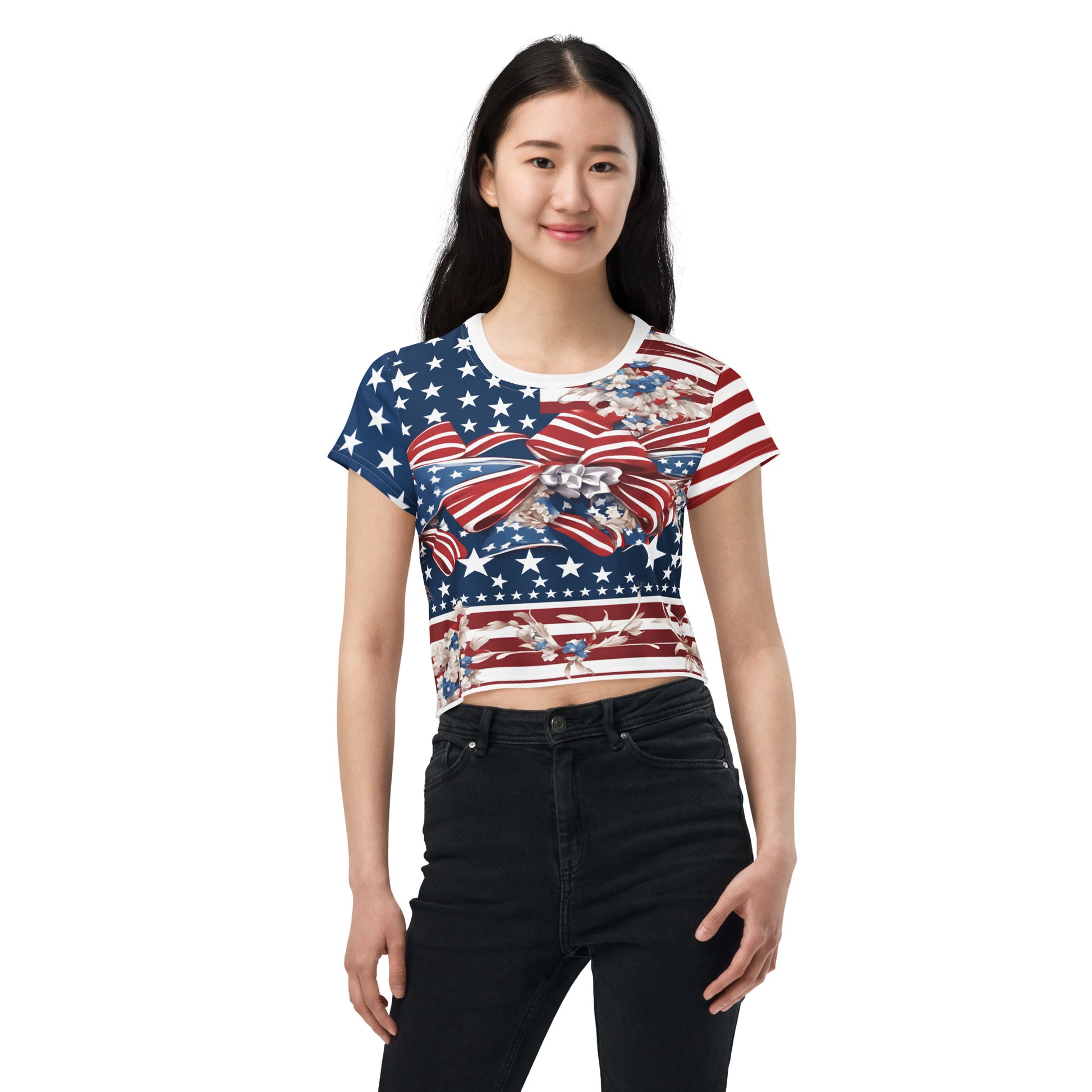 Women's Patriotic Crop Tee with USA Flag, Flowers, and Bows - Printspirationz