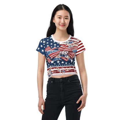 Women's Patriotic Crop Tee with USA Flag, Flowers, and Bows - Printspirationz