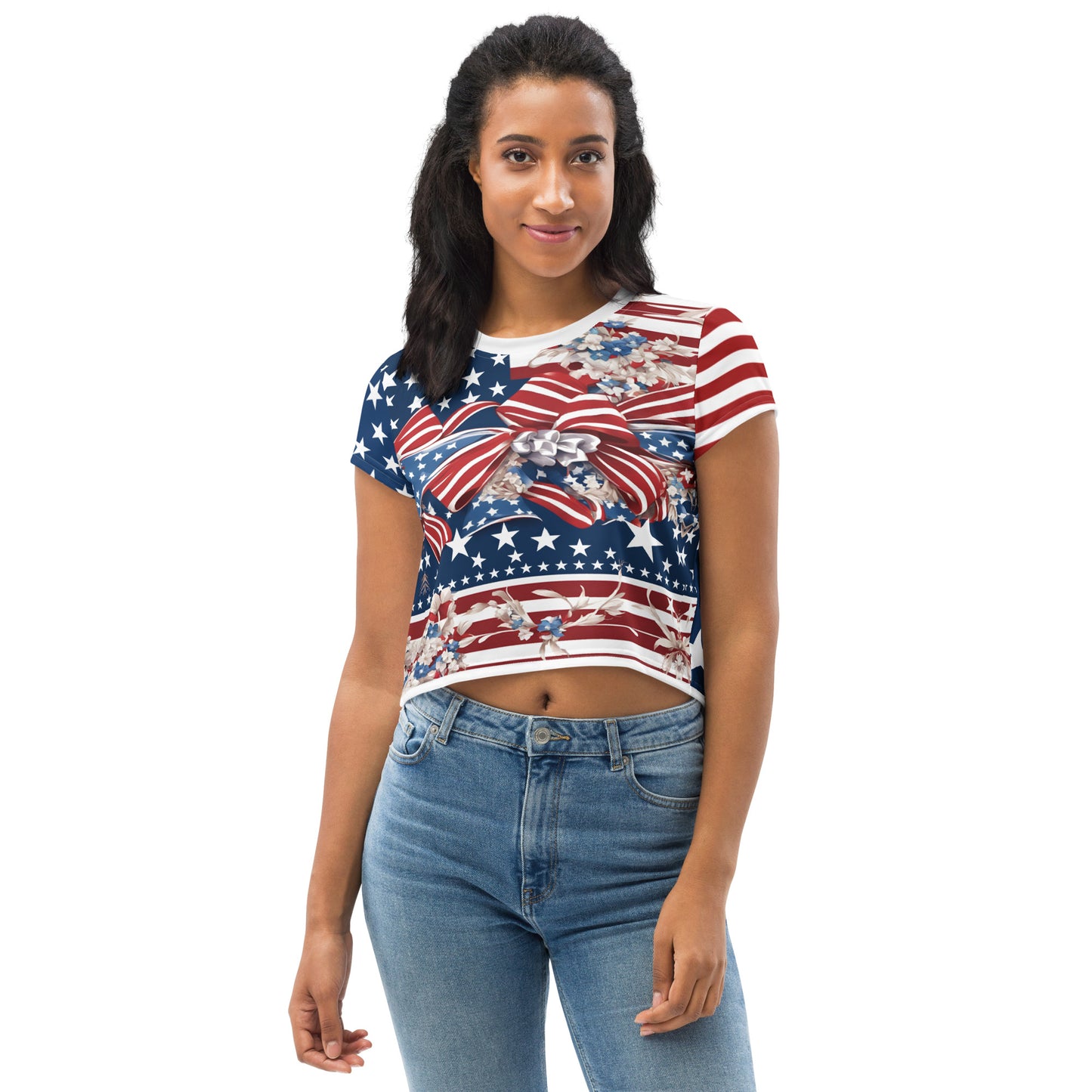 Women's Patriotic Crop Tee with USA Flag, Flowers, and Bows - Printspirationz