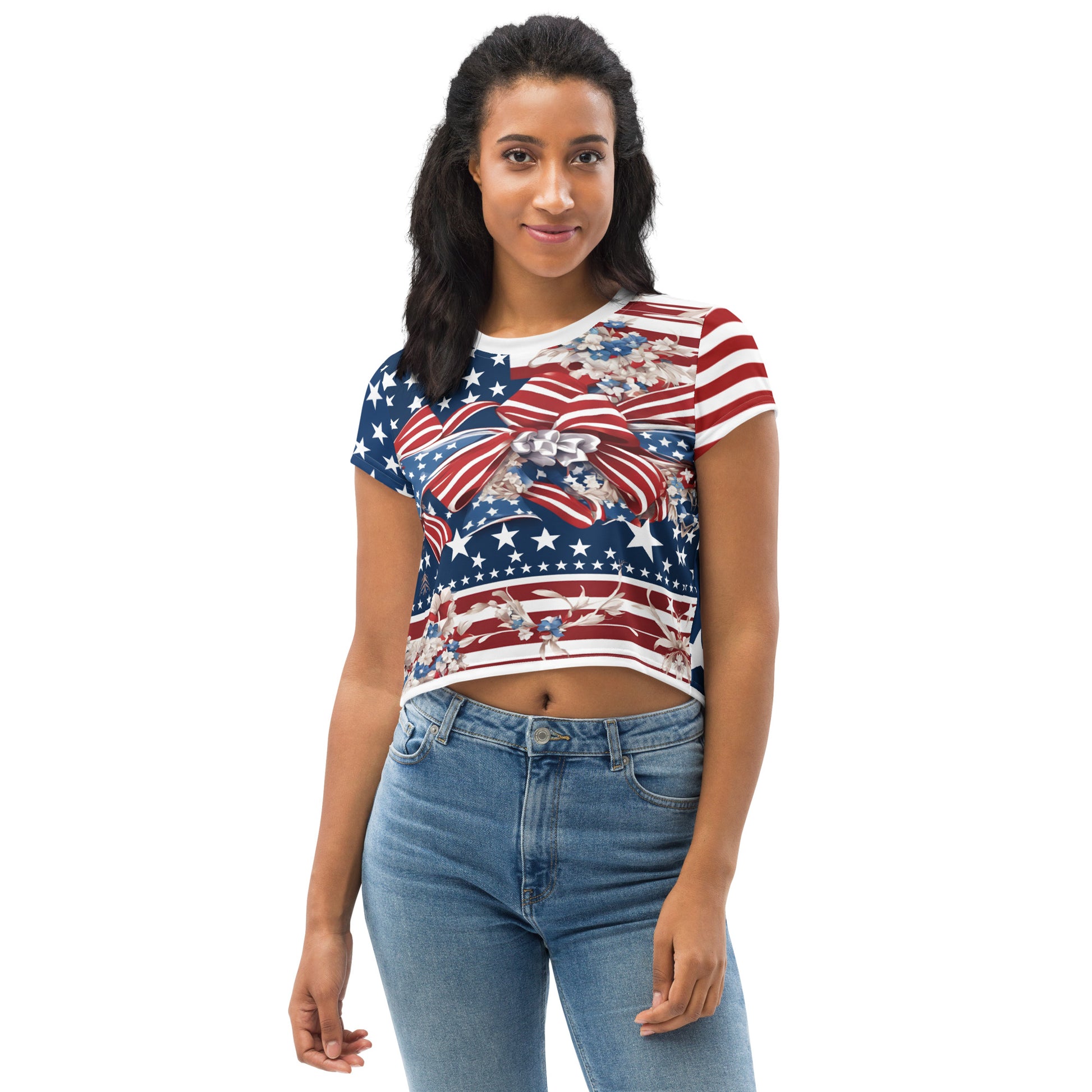 Women's Patriotic Crop Tee with USA Flag, Flowers, and Bows - Printspirationz