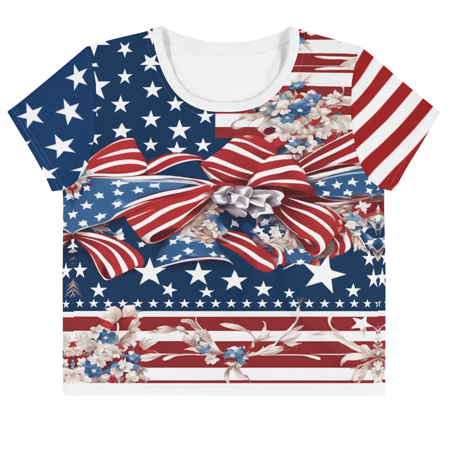 Women's Patriotic Crop Tee with USA Flag, Flowers, and Bows - Printspirationz