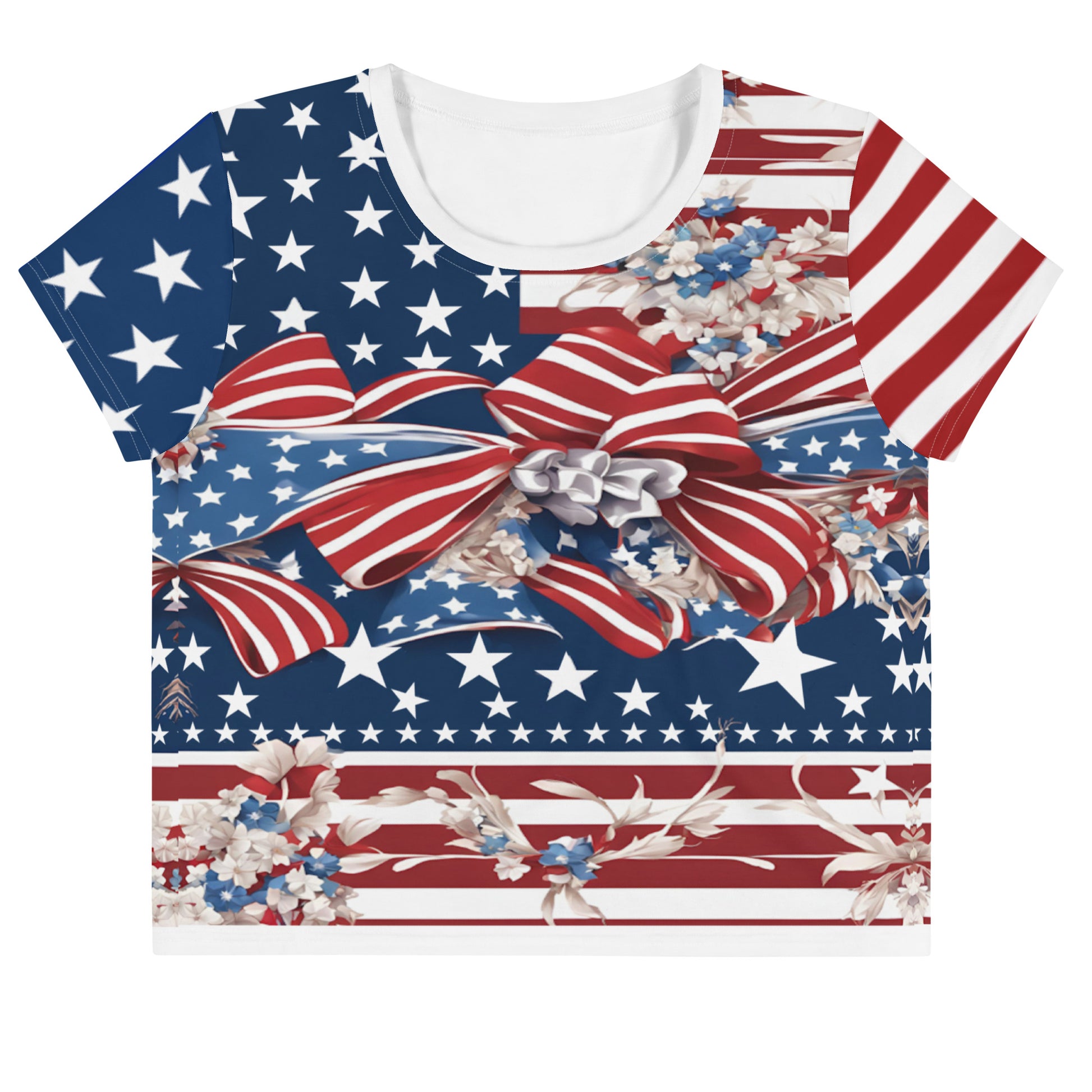 Women's Patriotic Crop Tee with USA Flag, Flowers, and Bows - Printspirationz