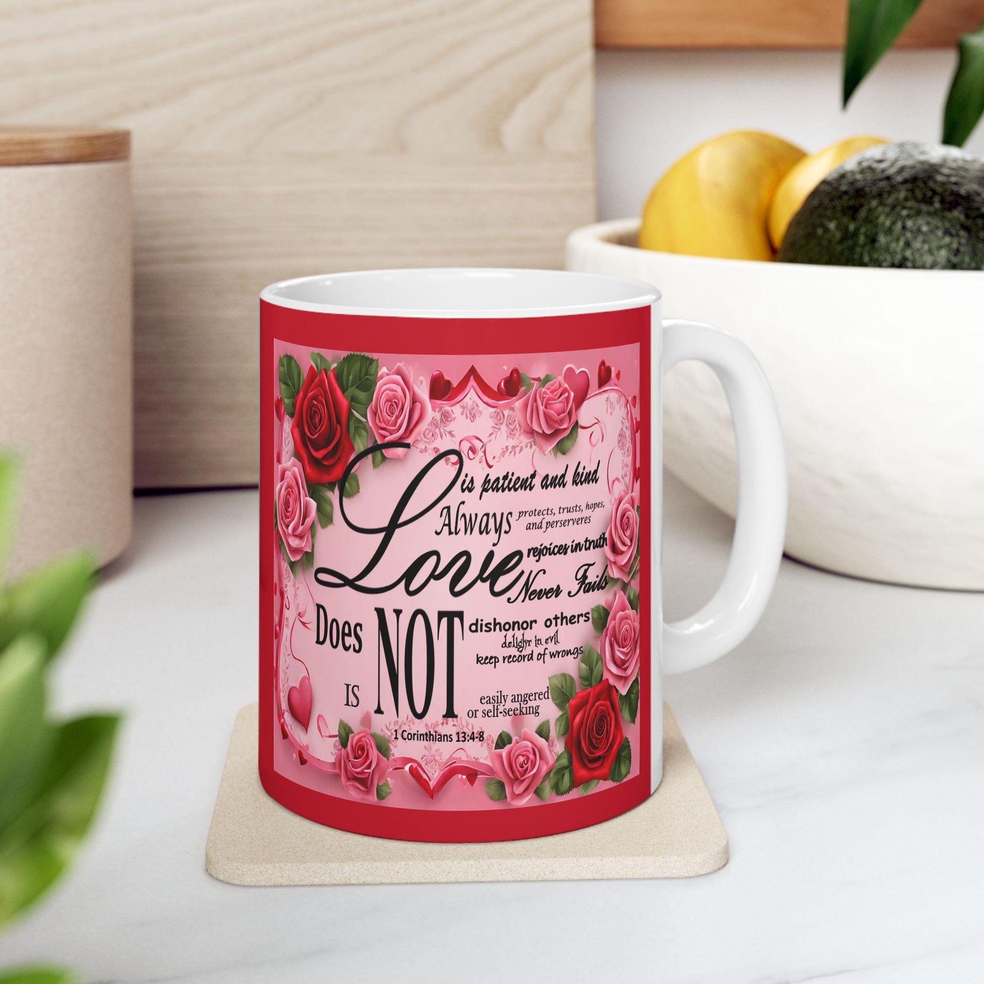 1 Corinthians 13 Romantic Floral Bible Verse 'Love is' Ceramic Mug, Christian Gift for Her, Valentine's Day, Mother's Day, Coffee Lover, - Printspirationz