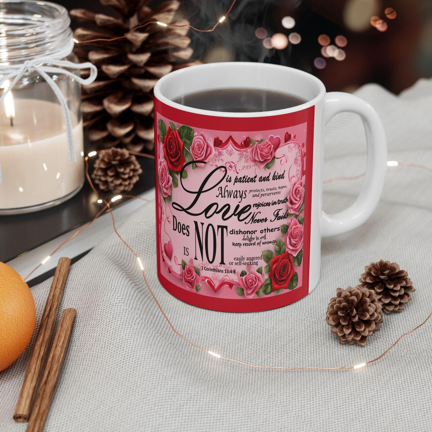 1 Corinthians 13 Romantic Floral Bible Verse 'Love is' Ceramic Mug, Christian Gift for Her, Valentine's Day, Mother's Day, Coffee Lover, - Printspirationz