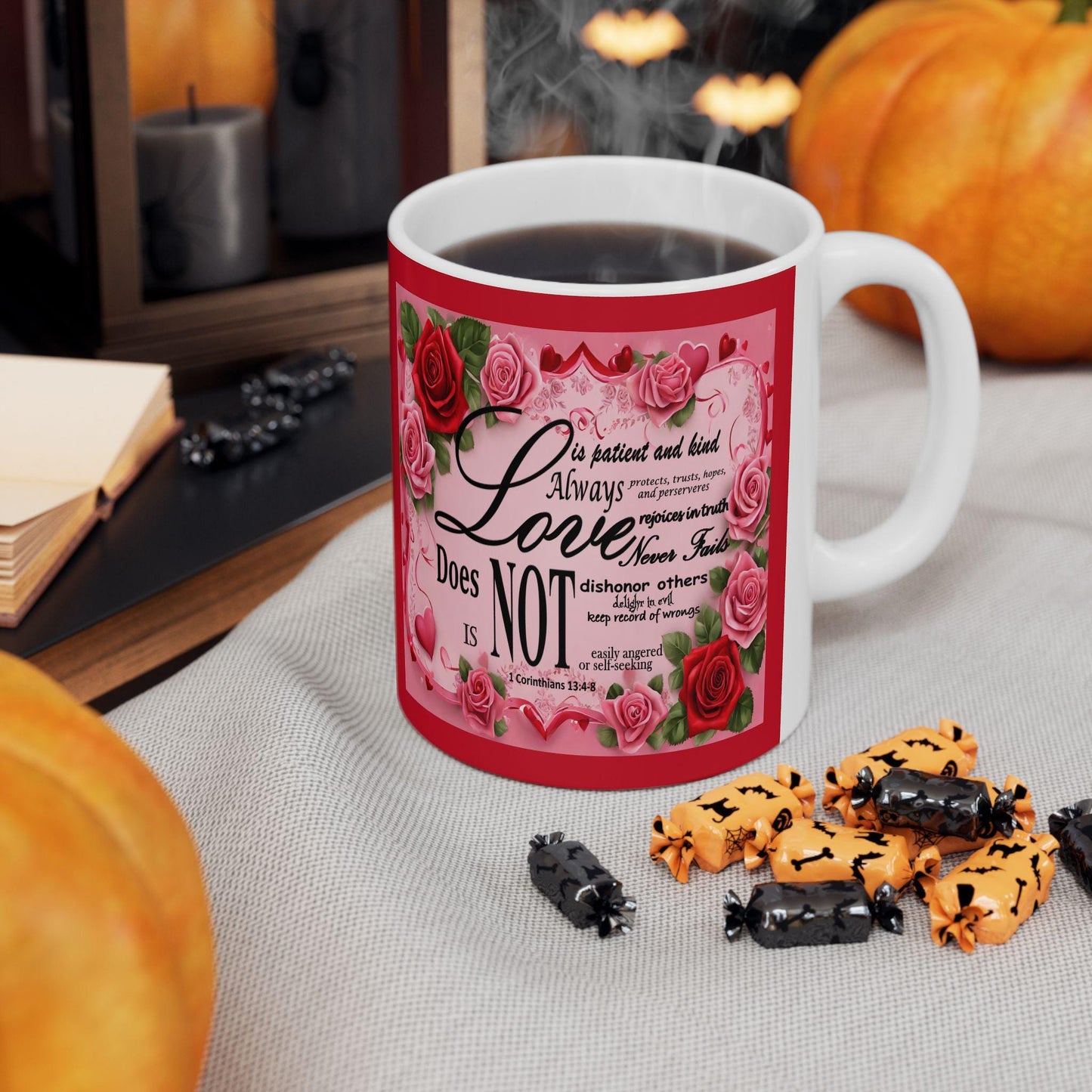 1 Corinthians 13 Romantic Floral Bible Verse 'Love is' Ceramic Mug, Christian Gift for Her, Valentine's Day, Mother's Day, Coffee Lover, - Printspirationz