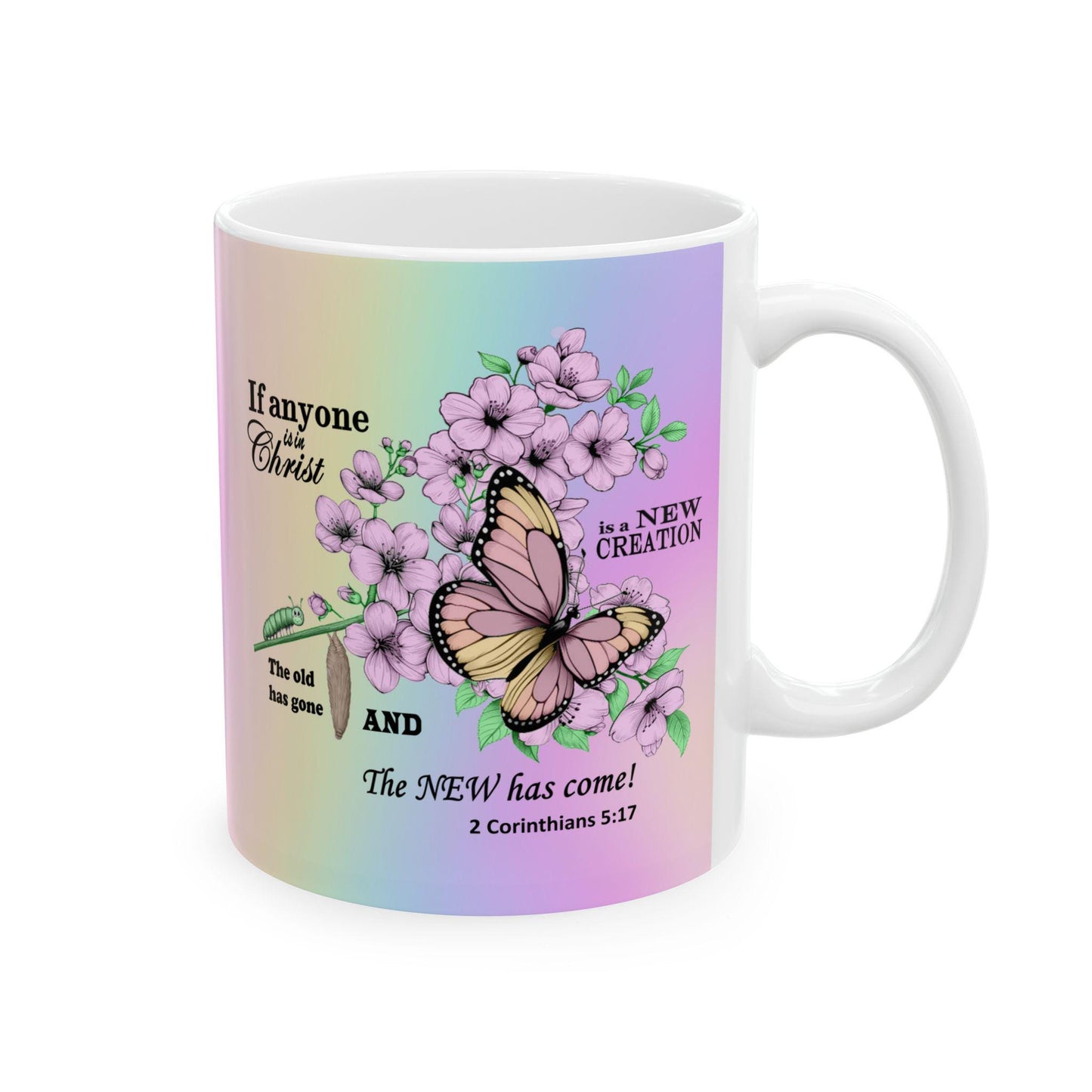 Ceramic Mug, Christian Home Decor, Gift for Nature Lover, Inspirational Coffee Cup, Transformation Kitchenware, Renewal Tea Mug, Caterpillar - Printspirationz