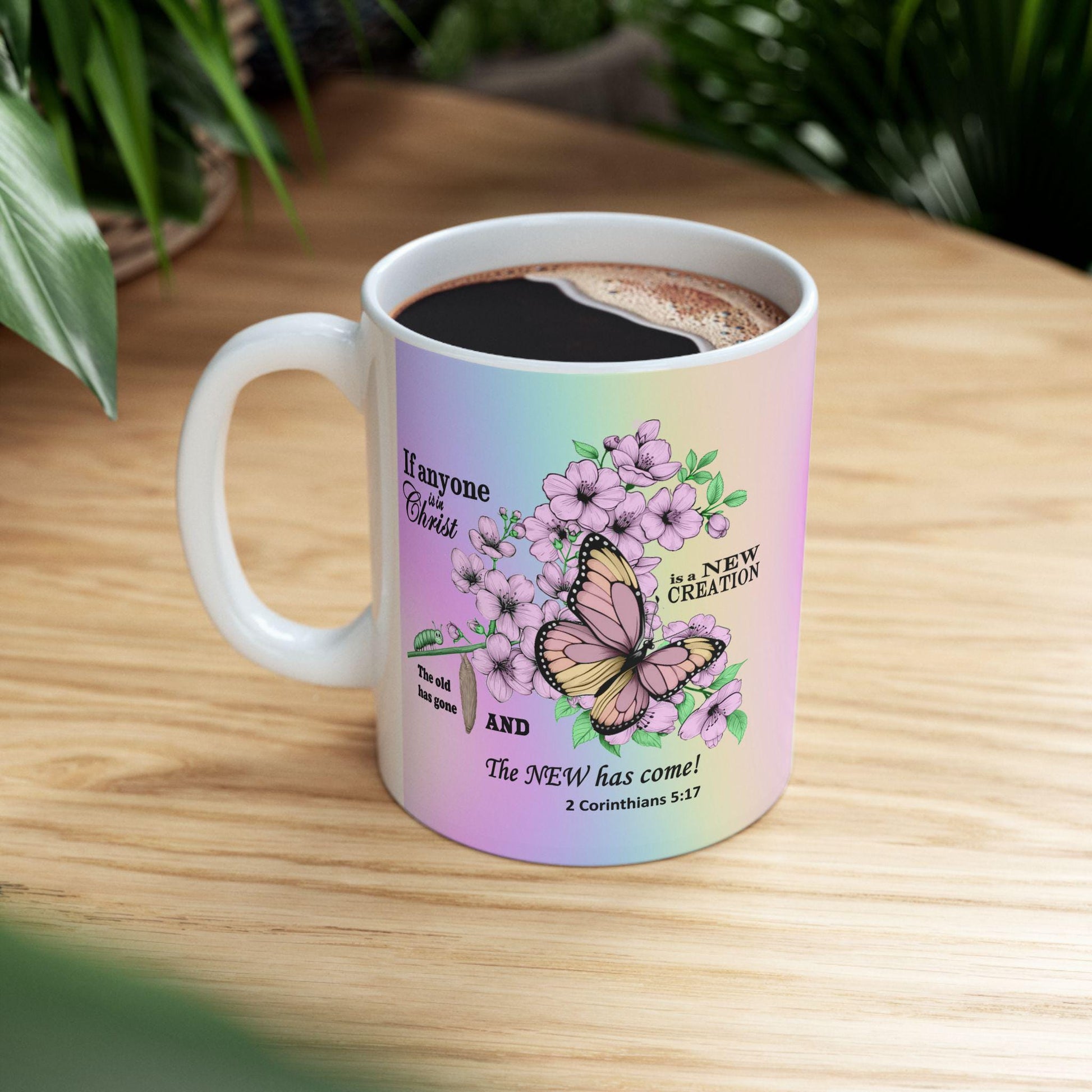 Ceramic Mug, Christian Home Decor, Gift for Nature Lover, Inspirational Coffee Cup, Transformation Kitchenware, Renewal Tea Mug, Caterpillar - Printspirationz