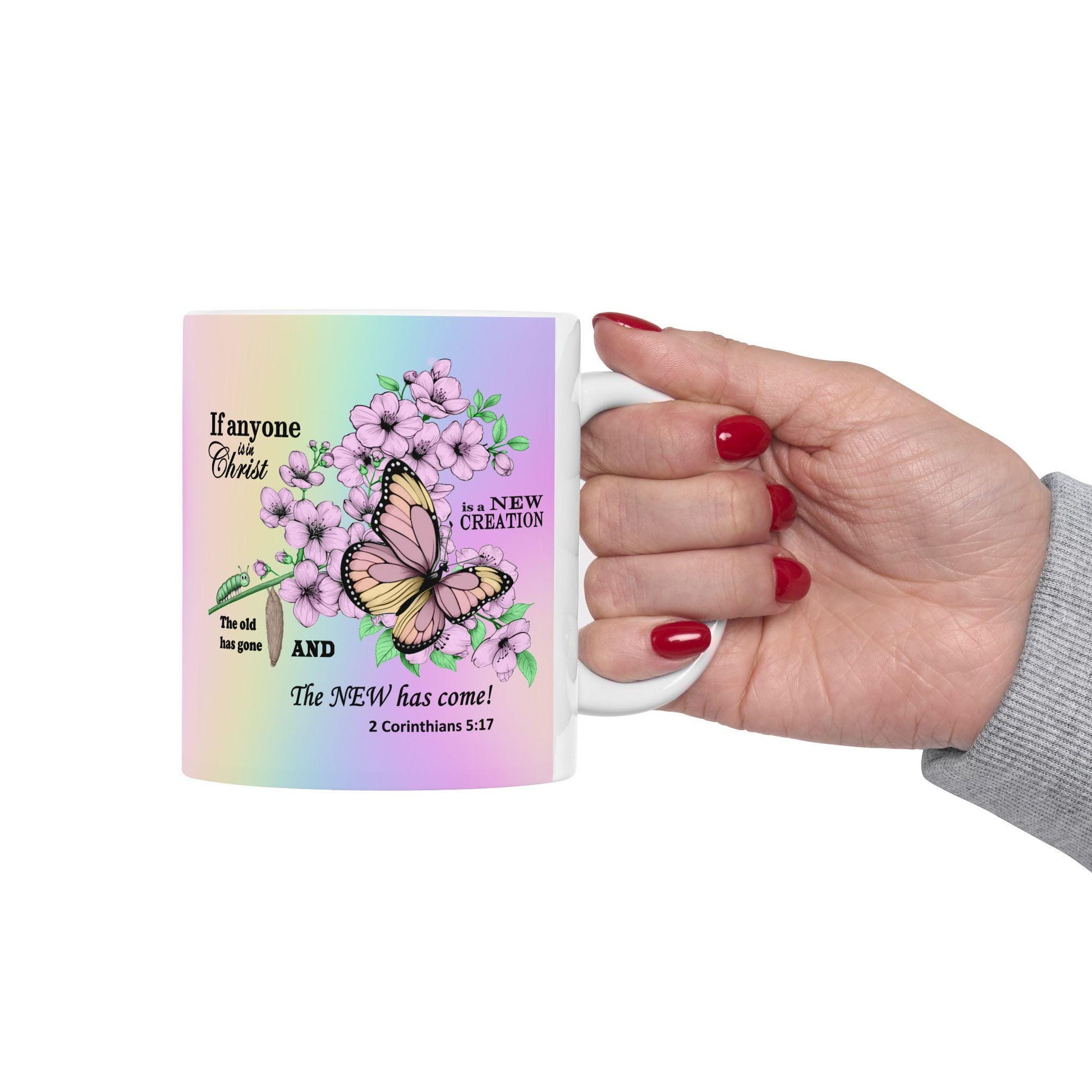 Ceramic Mug, Christian Home Decor, Gift for Nature Lover, Inspirational Coffee Cup, Transformation Kitchenware, Renewal Tea Mug, Caterpillar - Printspirationz