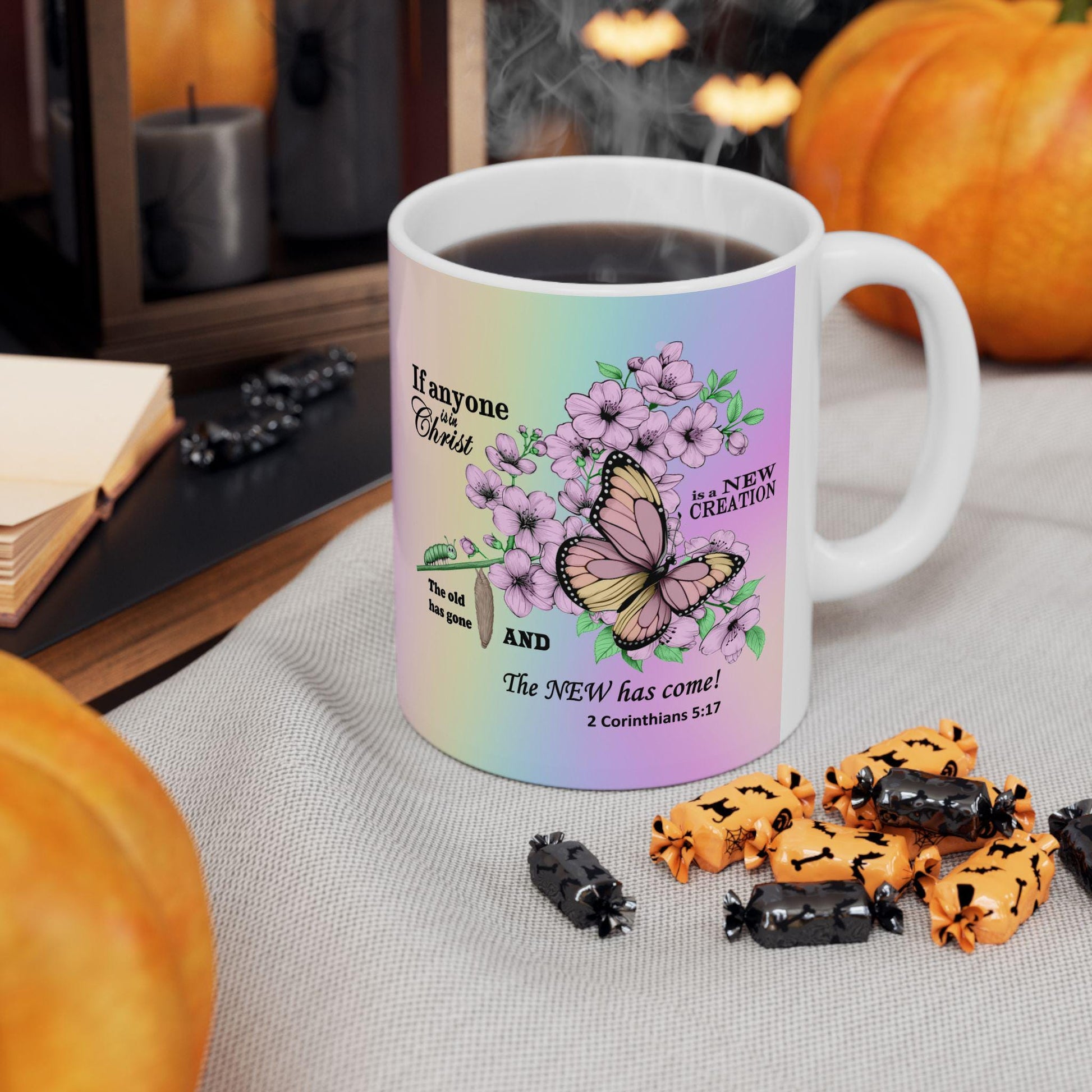 Ceramic Mug, Christian Home Decor, Gift for Nature Lover, Inspirational Coffee Cup, Transformation Kitchenware, Renewal Tea Mug, Caterpillar - Printspirationz