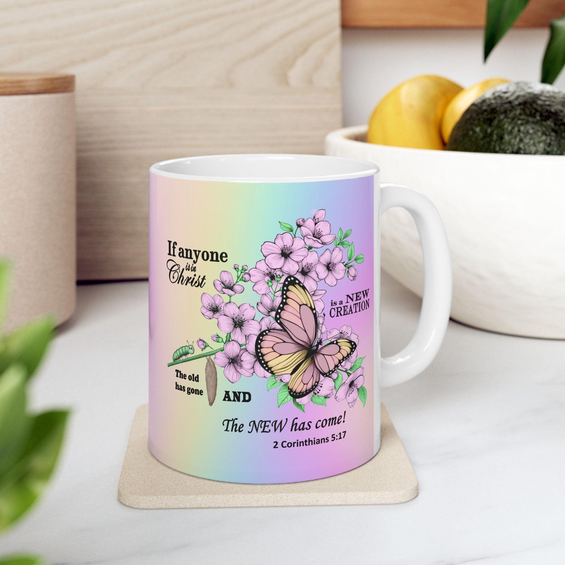 Ceramic Mug, Christian Home Decor, Gift for Nature Lover, Inspirational Coffee Cup, Transformation Kitchenware, Renewal Tea Mug, Caterpillar - Printspirationz