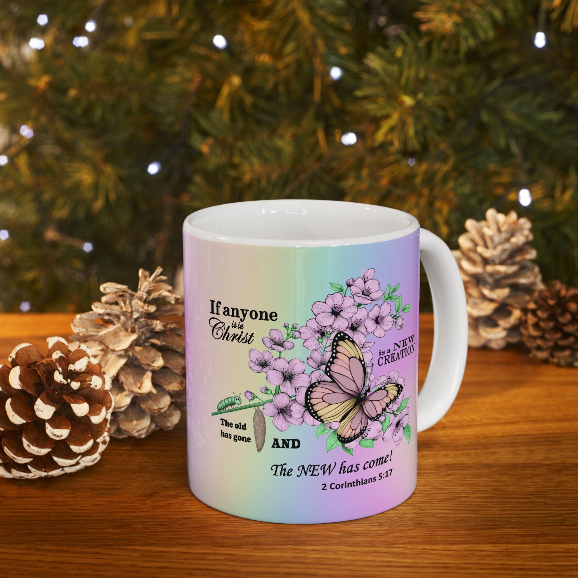 Ceramic Mug, Christian Home Decor, Gift for Nature Lover, Inspirational Coffee Cup, Transformation Kitchenware, Renewal Tea Mug, Caterpillar - Printspirationz
