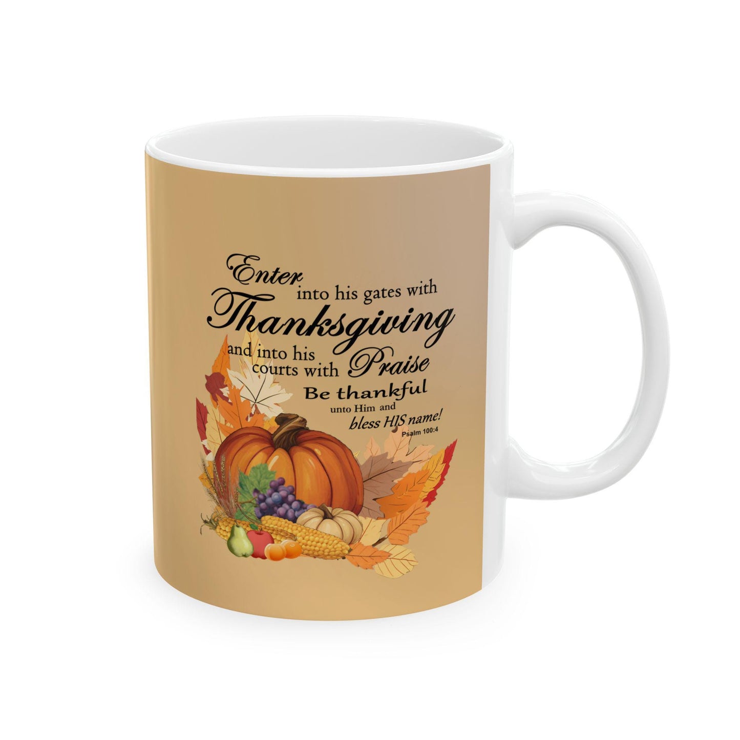Ceramic Mug, Thanksgiving Cornucopia Graphic with Bible Verse, 11oz, 15oz - Gift for Thanksgiving, Religious Coffee Cup, Holiday Decor, - Printspirationz
