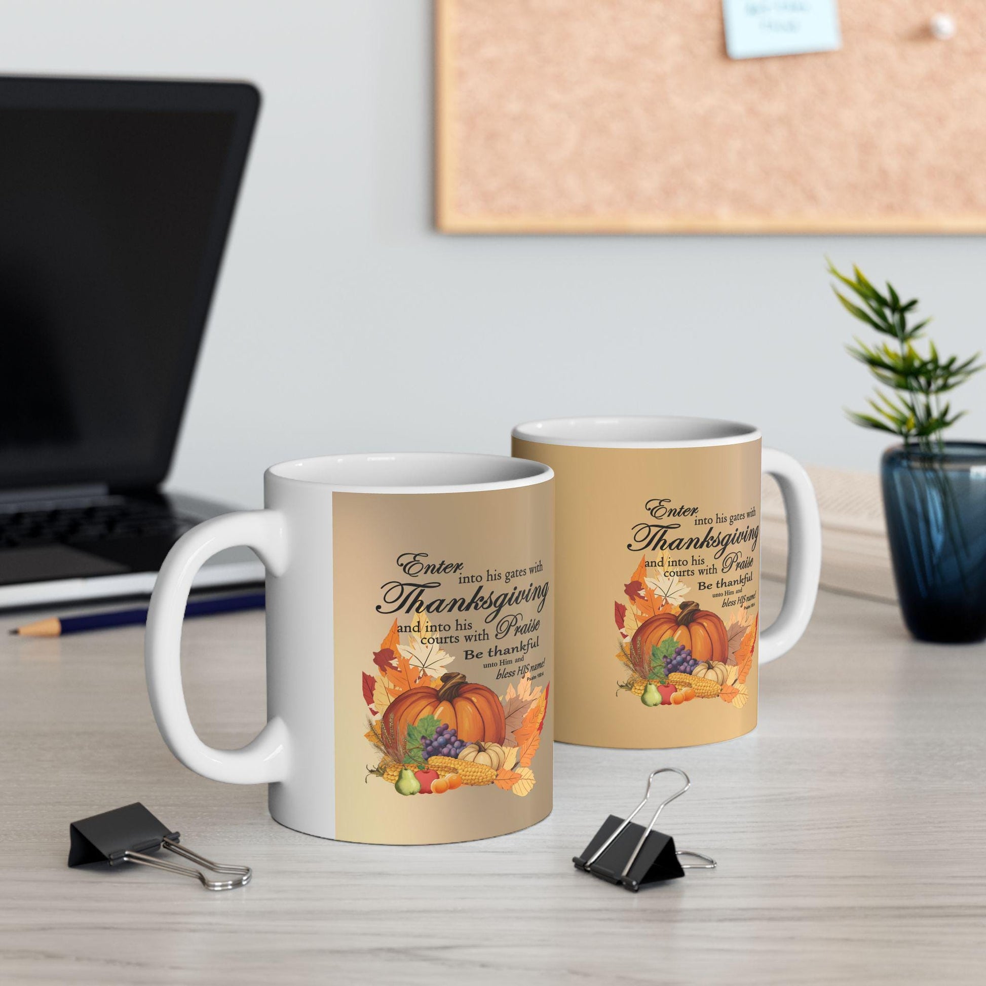 Ceramic Mug, Thanksgiving Cornucopia Graphic with Bible Verse, 11oz, 15oz - Gift for Thanksgiving, Religious Coffee Cup, Holiday Decor, - Printspirationz