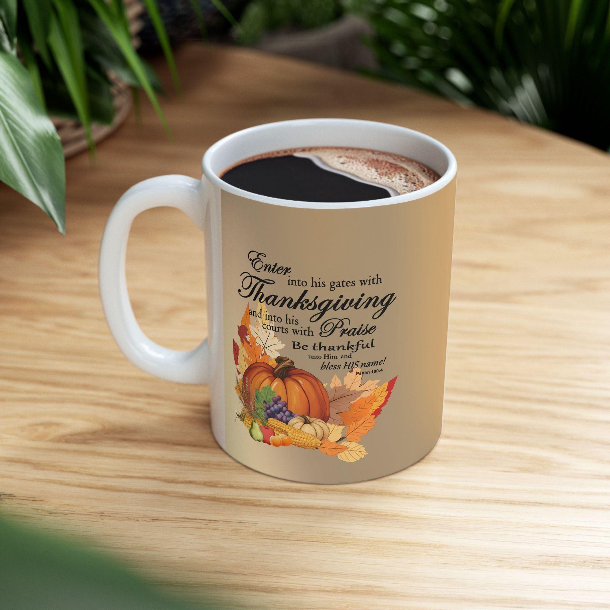 Ceramic Mug, Thanksgiving Cornucopia Graphic with Bible Verse, 11oz, 15oz - Gift for Thanksgiving, Religious Coffee Cup, Holiday Decor, - Printspirationz