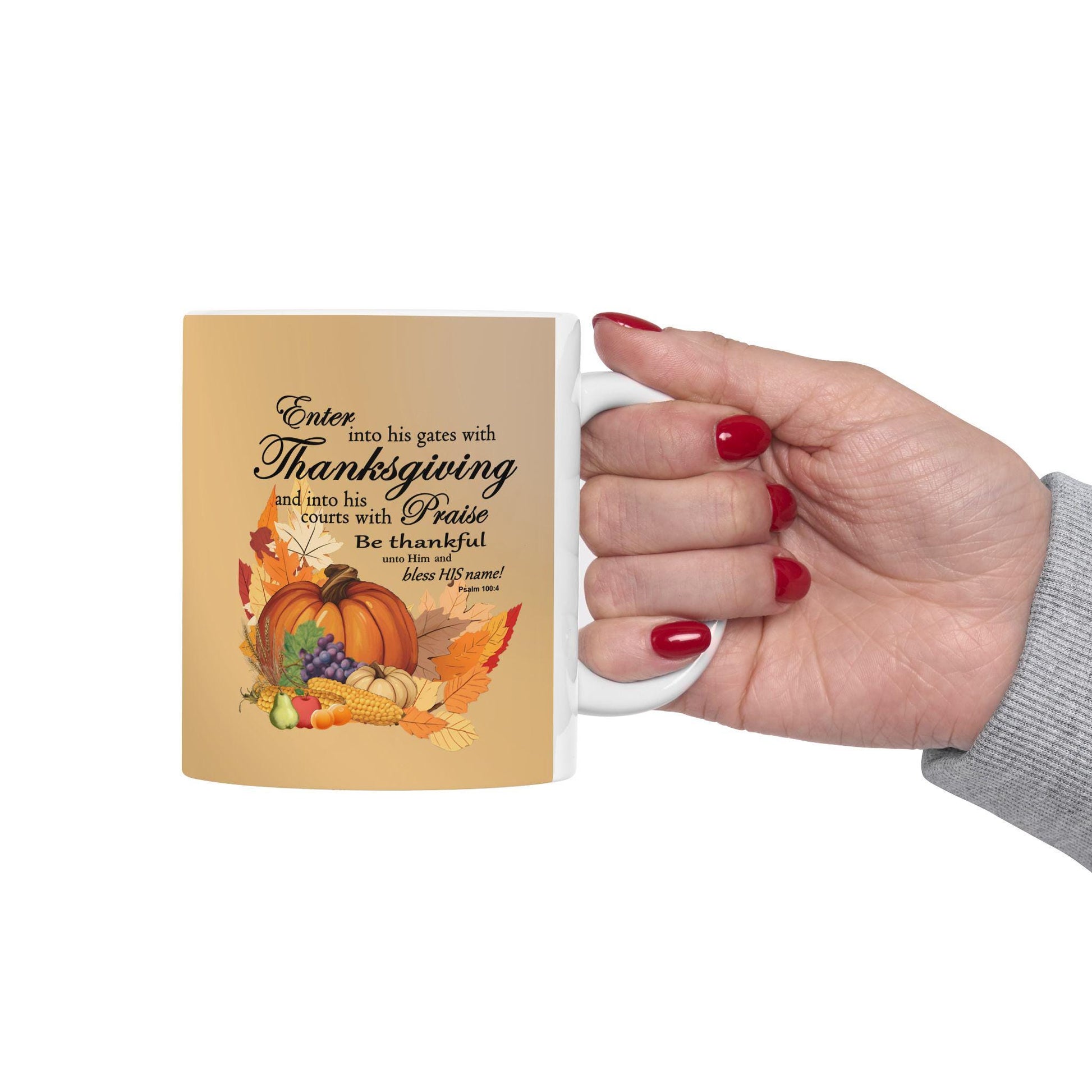 Ceramic Mug, Thanksgiving Cornucopia Graphic with Bible Verse, 11oz, 15oz - Gift for Thanksgiving, Religious Coffee Cup, Holiday Decor, - Printspirationz