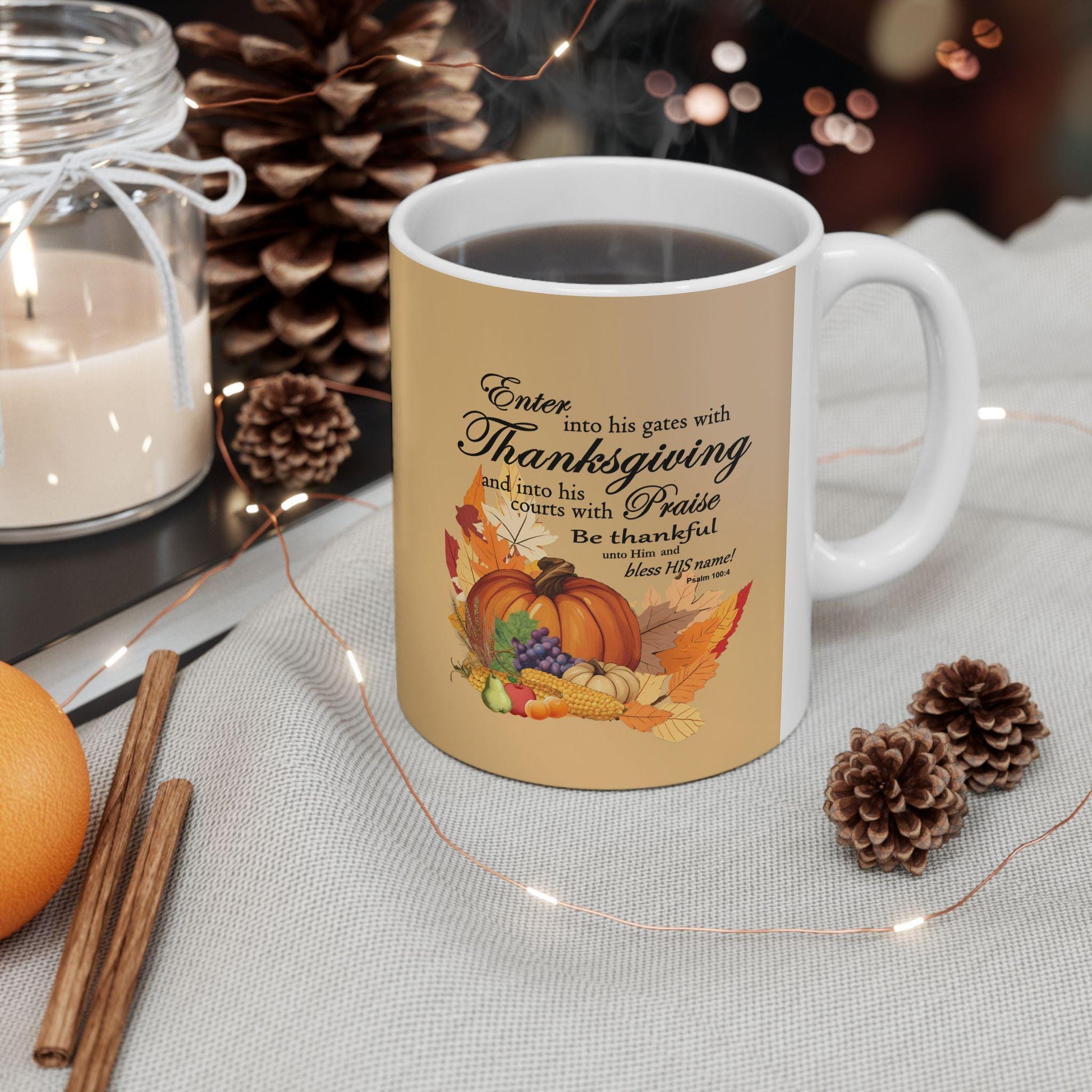 Ceramic Mug, Thanksgiving Cornucopia Graphic with Bible Verse, 11oz, 15oz - Gift for Thanksgiving, Religious Coffee Cup, Holiday Decor, - Printspirationz