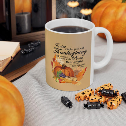 Ceramic Mug, Thanksgiving Cornucopia Graphic with Bible Verse, 11oz, 15oz - Gift for Thanksgiving, Religious Coffee Cup, Holiday Decor, - Printspirationz