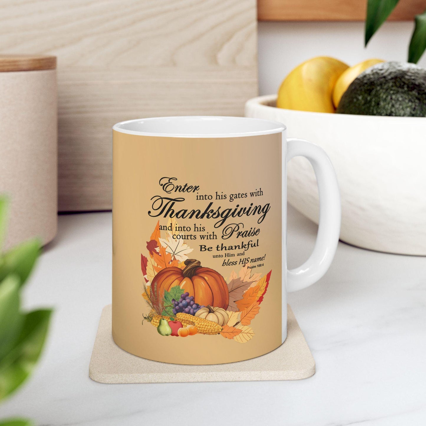 Ceramic Mug, Thanksgiving Cornucopia Graphic with Bible Verse, 11oz, 15oz - Gift for Thanksgiving, Religious Coffee Cup, Holiday Decor, - Printspirationz