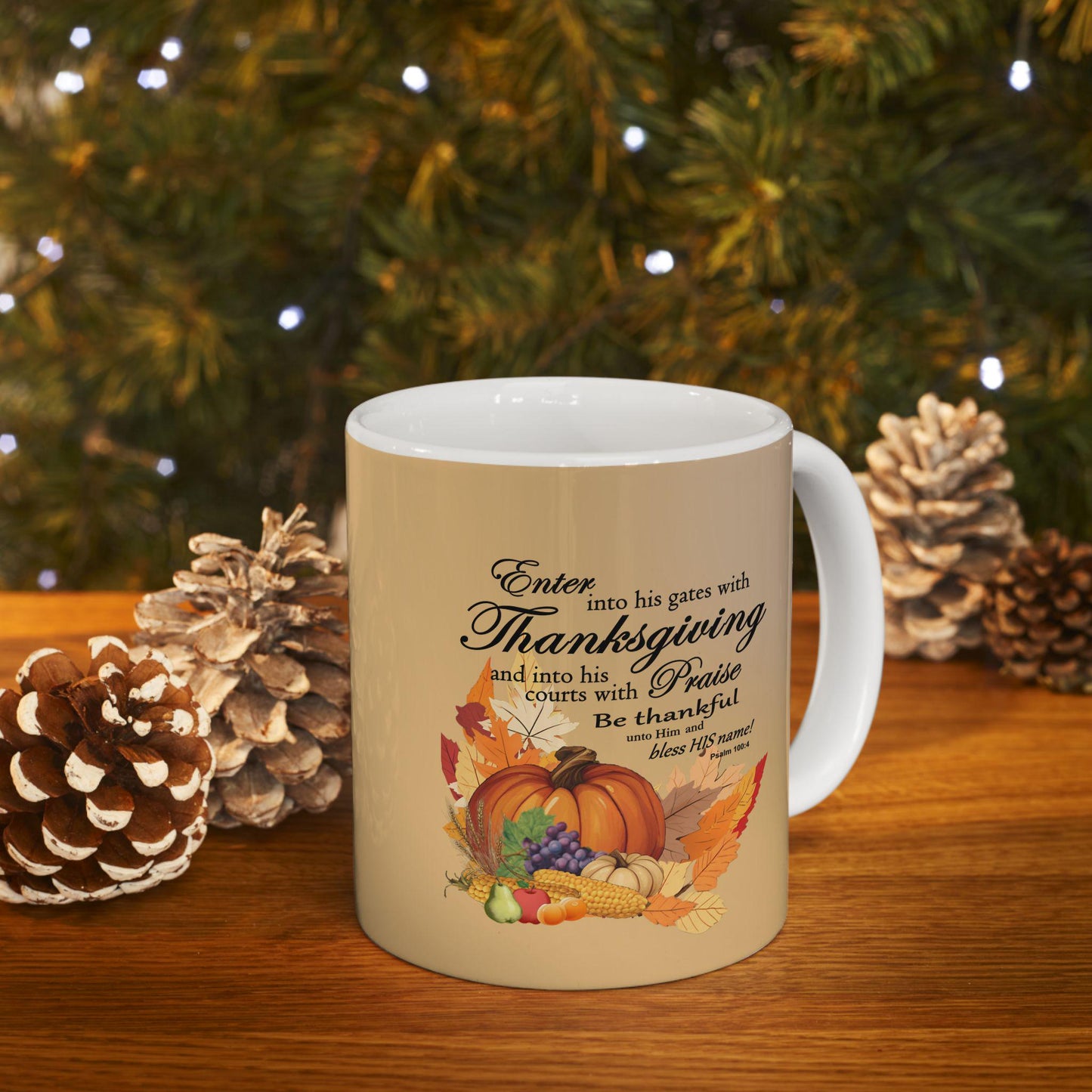 Ceramic Mug, Thanksgiving Cornucopia Graphic with Bible Verse, 11oz, 15oz - Gift for Thanksgiving, Religious Coffee Cup, Holiday Decor, - Printspirationz
