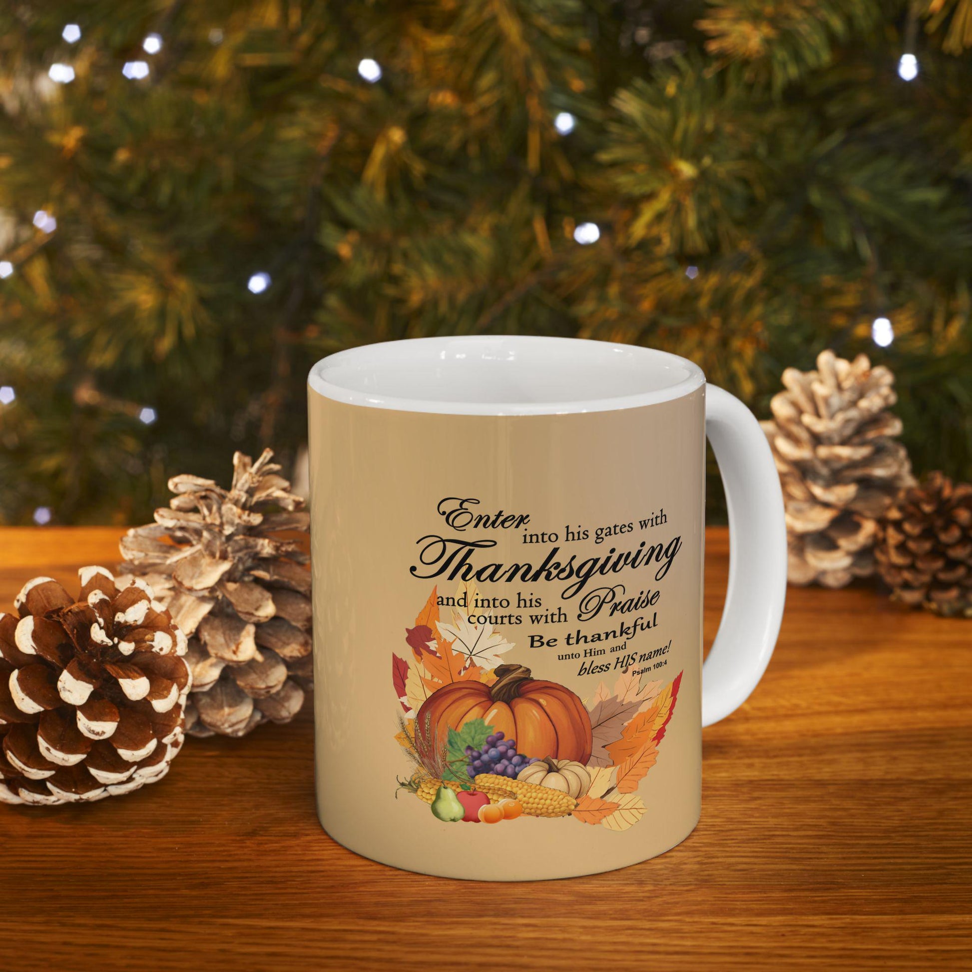 Ceramic Mug, Thanksgiving Cornucopia Graphic with Bible Verse, 11oz, 15oz - Gift for Thanksgiving, Religious Coffee Cup, Holiday Decor, - Printspirationz