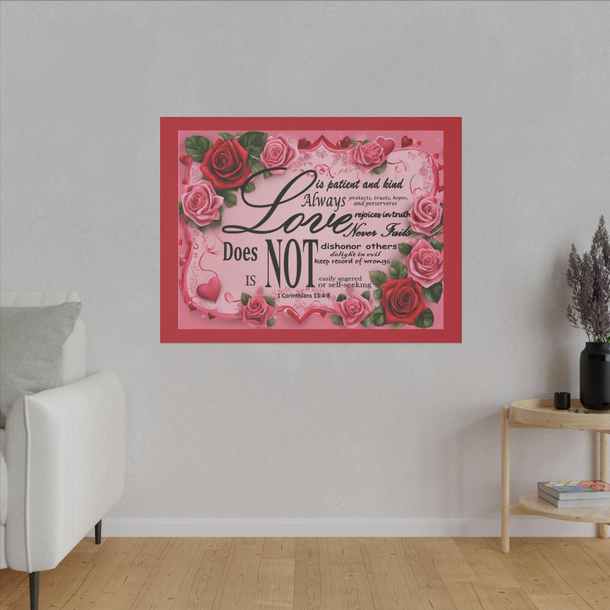 Love Is Bible Verse Canvas Wall Art, Rose Border Background, Home Decor, Christian Gift, Religious Valentines Day Decor, Inspirational Quote - Printspirationz