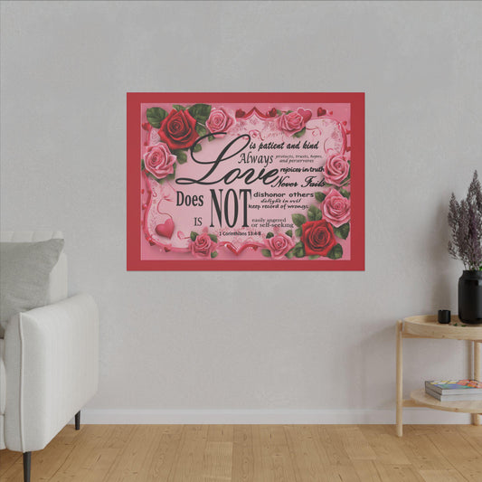 Love Is Bible Verse Canvas Wall Art, Rose Border Background, Home Decor, Christian Gift, Religious Valentines Day Decor, Inspirational Quote - Printspirationz