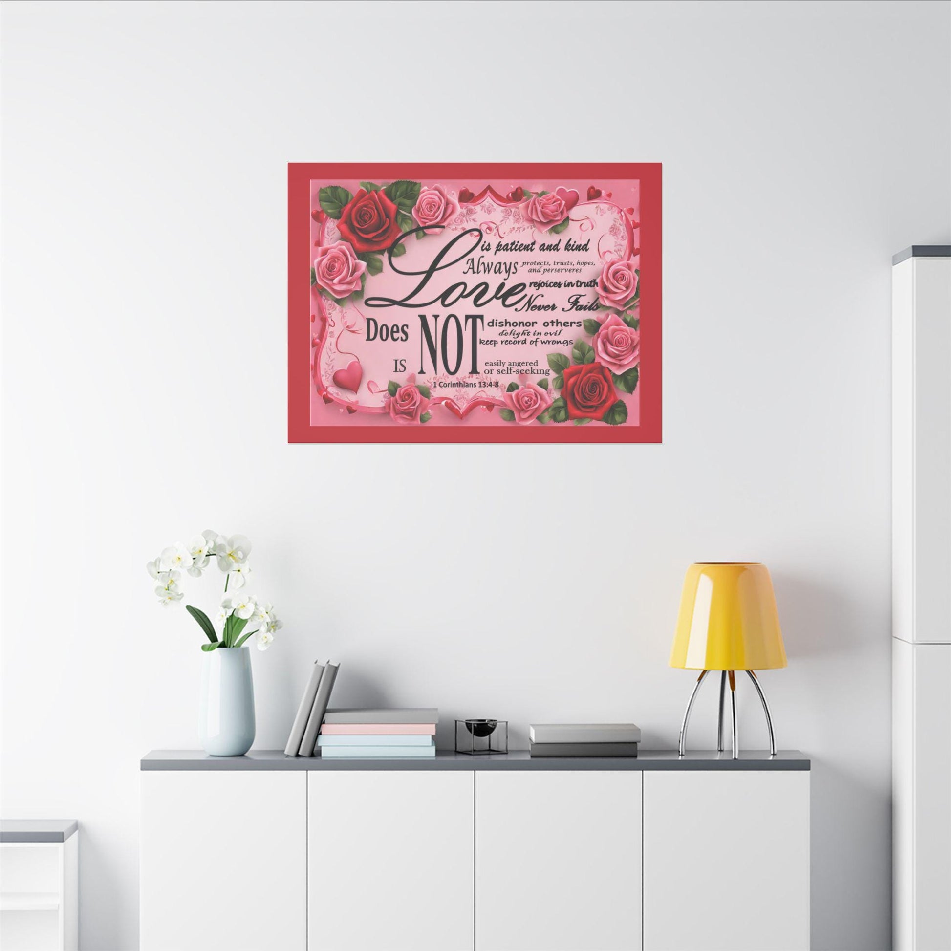 Love Is Bible Verse Canvas Wall Art, Rose Border Background, Home Decor, Christian Gift, Religious Valentines Day Decor, Inspirational Quote - Printspirationz