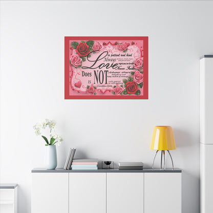Love Is Bible Verse Canvas Wall Art, Rose Border Background, Home Decor, Christian Gift, Religious Valentines Day Decor, Inspirational Quote - Printspirationz