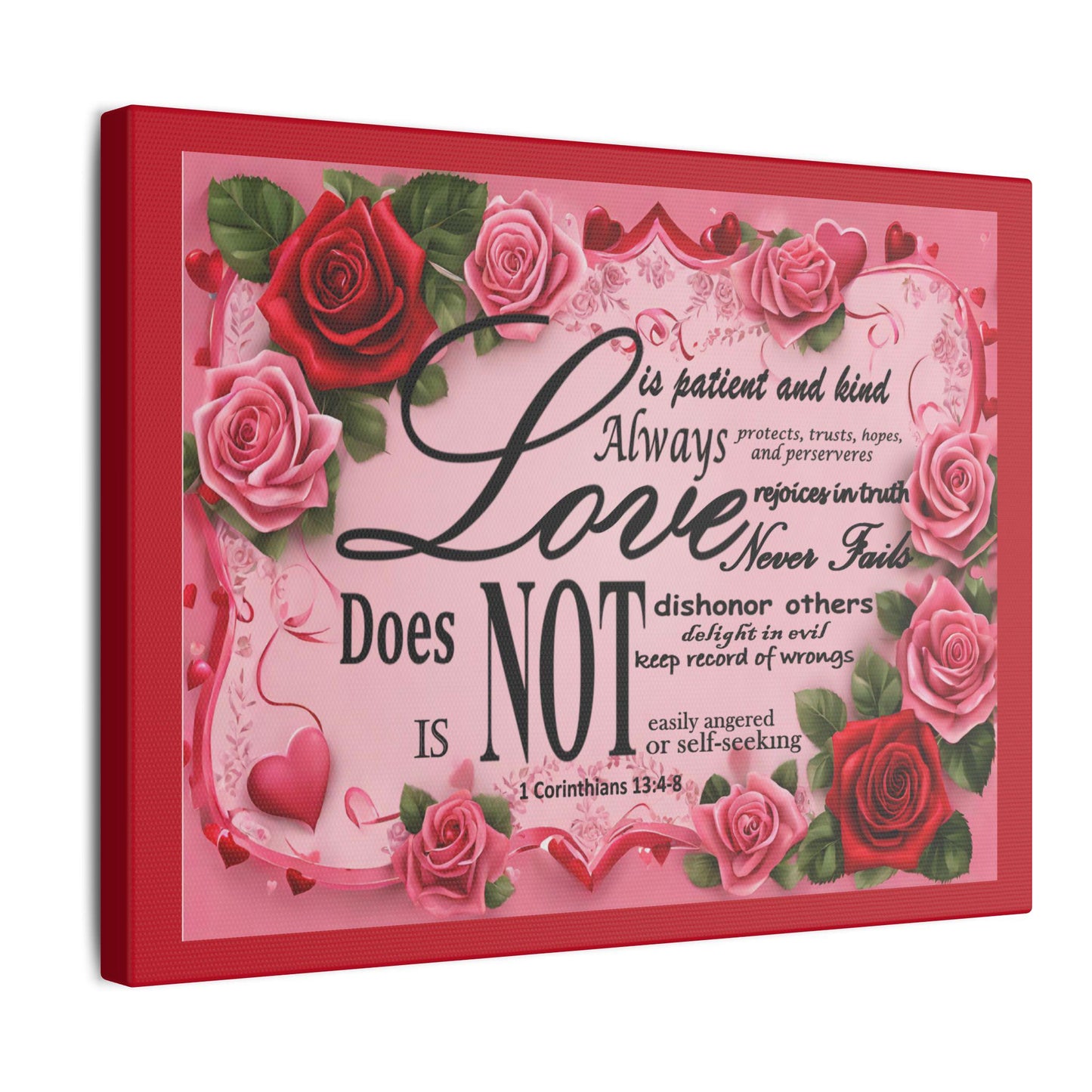 Love Is Bible Verse Canvas Wall Art, Rose Border Background, Home Decor, Christian Gift, Religious Valentines Day Decor, Inspirational Quote - Printspirationz