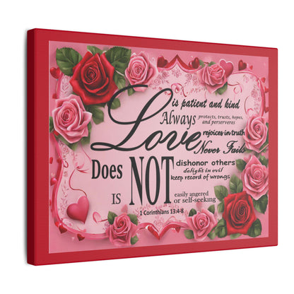 Love Is Bible Verse Canvas Wall Art, Rose Border Background, Home Decor, Christian Gift, Religious Valentines Day Decor, Inspirational Quote - Printspirationz