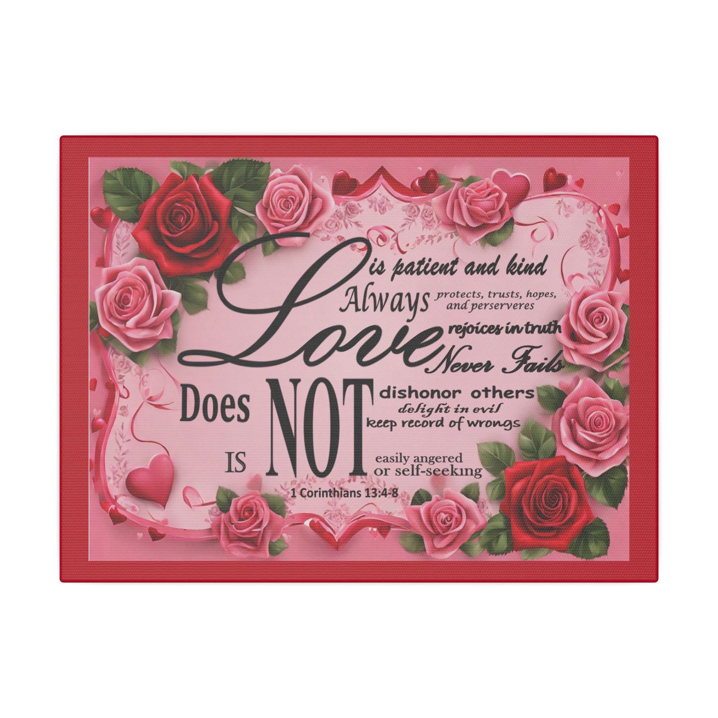 Love Is Bible Verse Canvas Wall Art, Rose Border Background, Home Decor, Christian Gift, Religious Valentines Day Decor, Inspirational Quote - Printspirationz