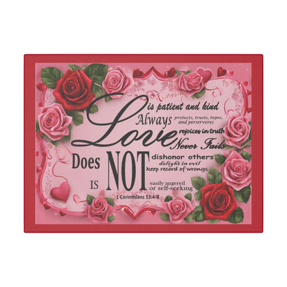 Love Is Bible Verse Canvas Wall Art, Rose Border Background, Home Decor, Christian Gift, Religious Valentines Day Decor, Inspirational Quote - Printspirationz