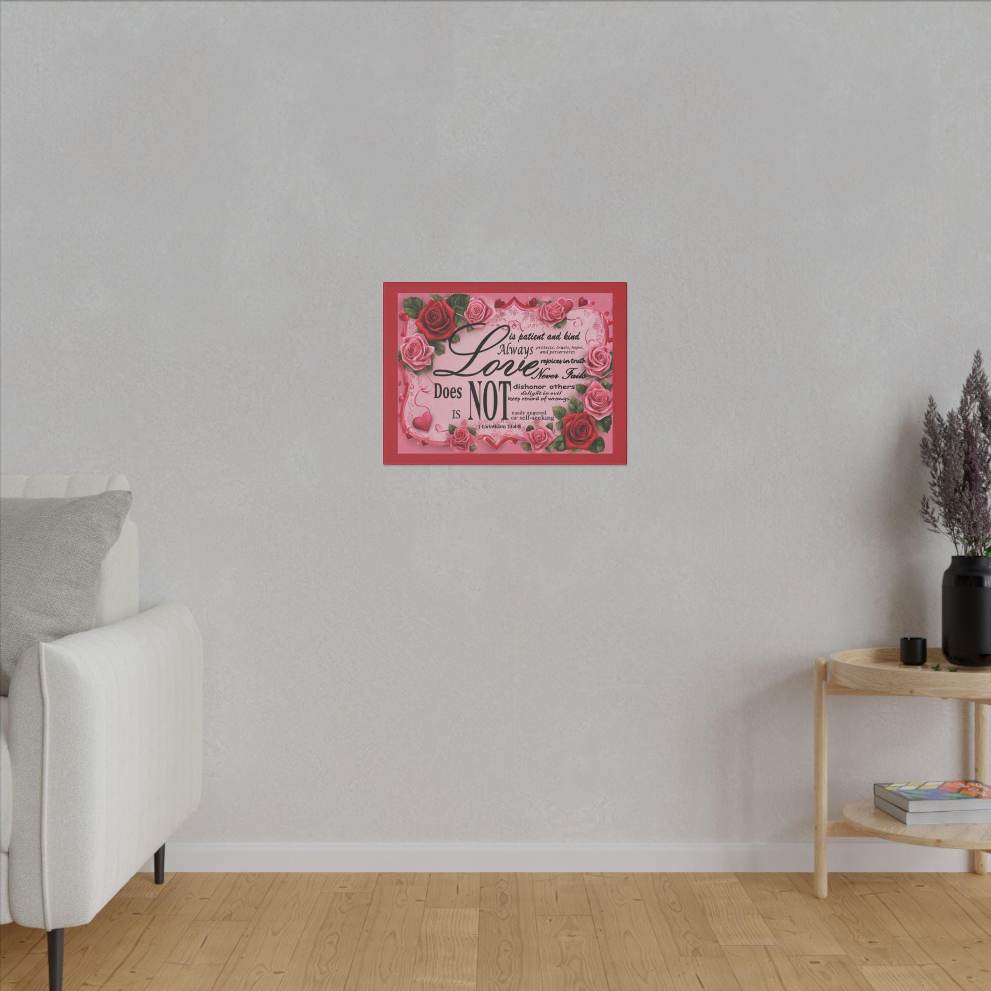 Love Is Bible Verse Canvas Wall Art, Rose Border Background, Home Decor, Christian Gift, Religious Valentines Day Decor, Inspirational Quote - Printspirationz