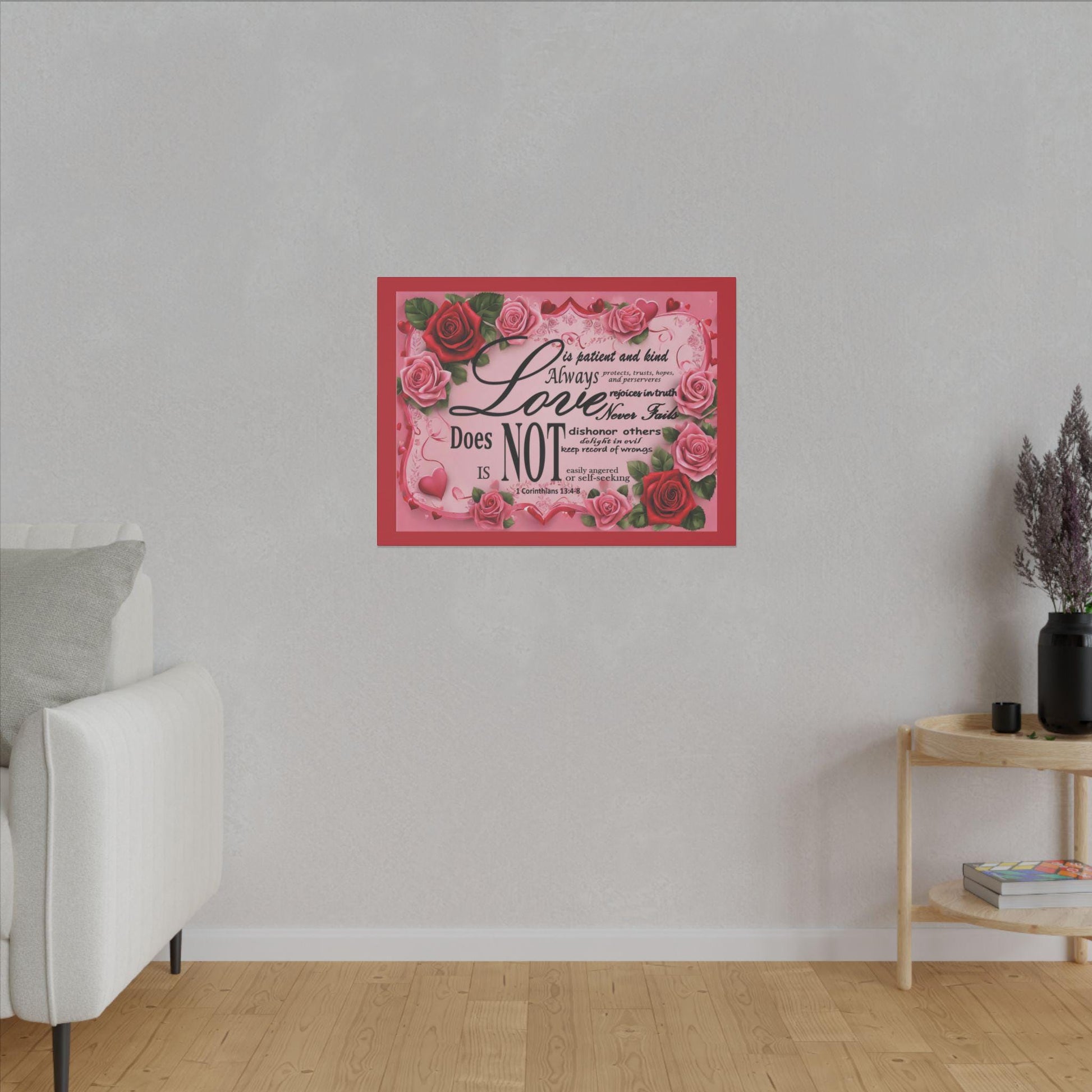 Love Is Bible Verse Canvas Wall Art, Rose Border Background, Home Decor, Christian Gift, Religious Valentines Day Decor, Inspirational Quote - Printspirationz