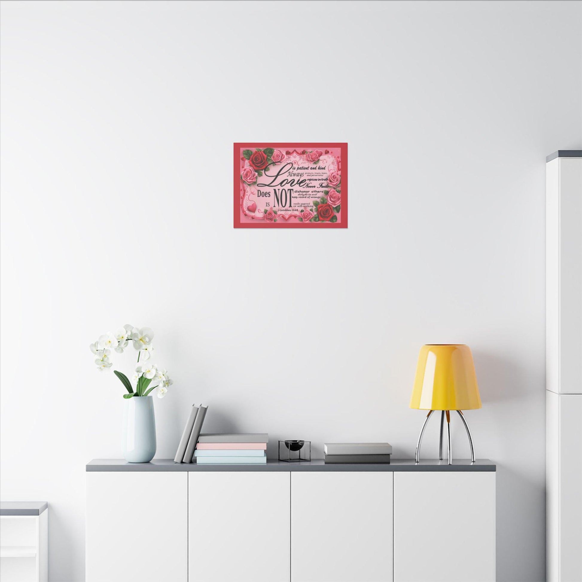Love Is Bible Verse Canvas Wall Art, Rose Border Background, Home Decor, Christian Gift, Religious Valentines Day Decor, Inspirational Quote - Printspirationz
