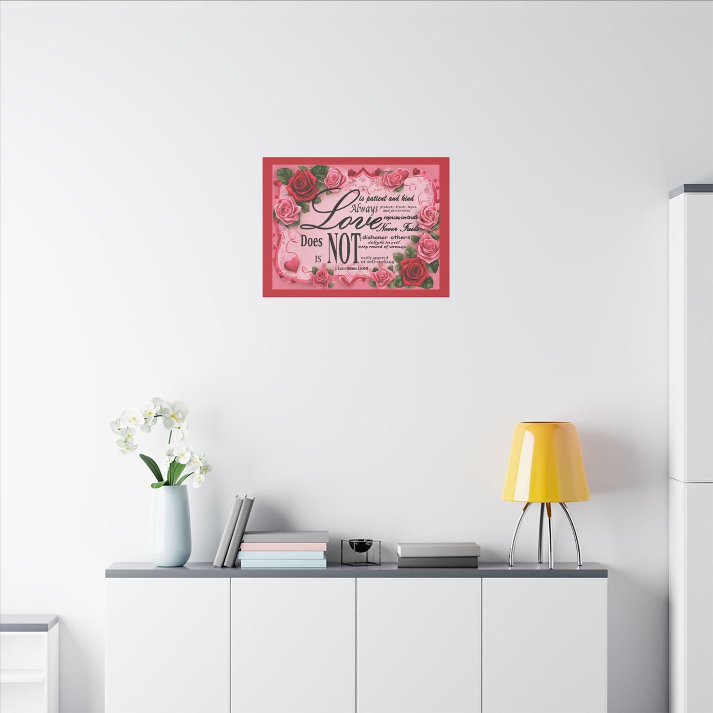 Love Is Bible Verse Canvas Wall Art, Rose Border Background, Home Decor, Christian Gift, Religious Valentines Day Decor, Inspirational Quote - Printspirationz