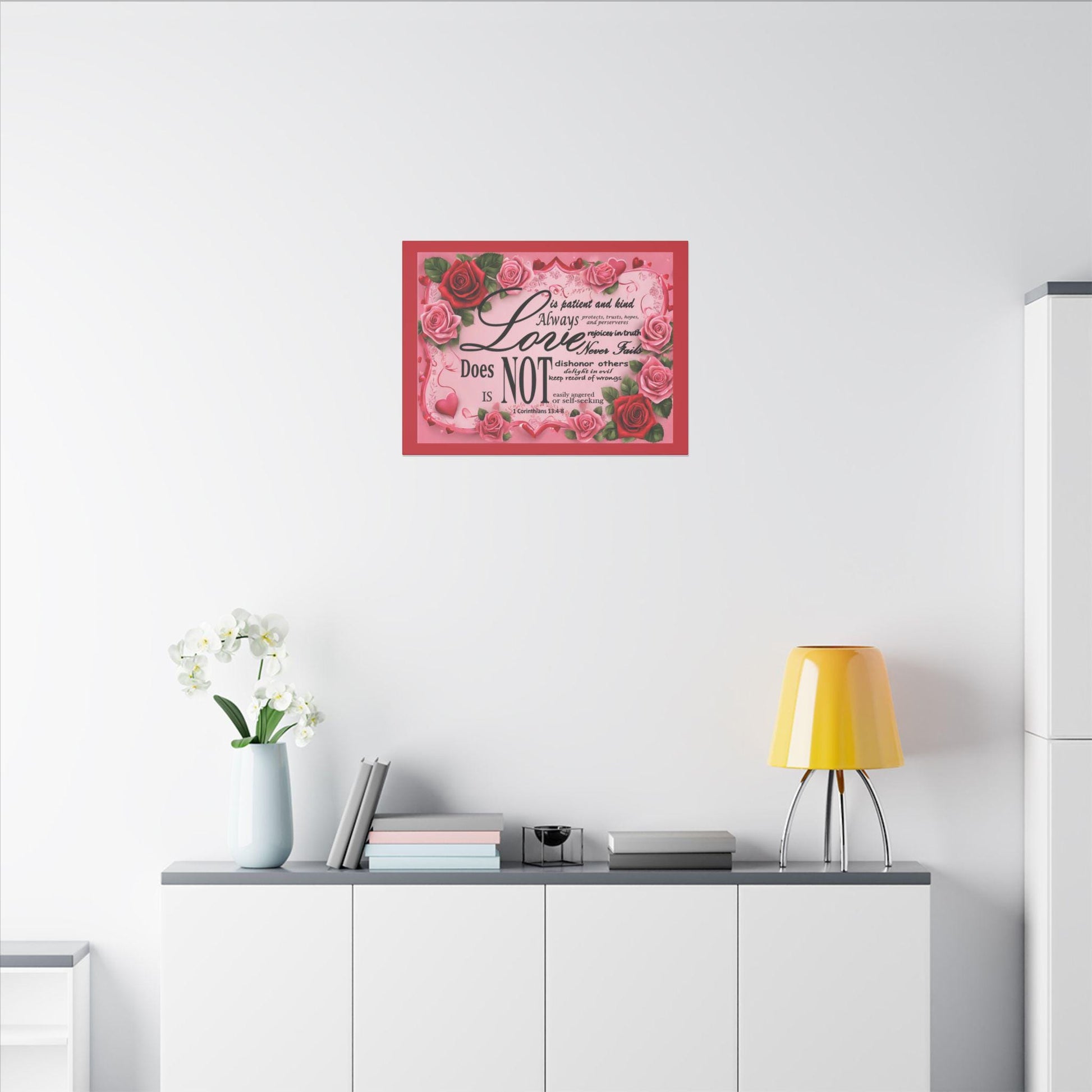 Love Is Bible Verse Canvas Wall Art, Rose Border Background, Home Decor, Christian Gift, Religious Valentines Day Decor, Inspirational Quote - Printspirationz