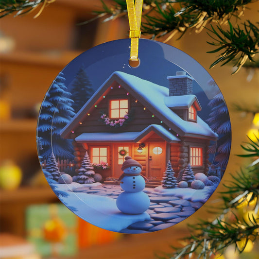 Glass Ornaments - Christmas Cottage in the Woods Decor, Holiday Snowman Tree Ornament, Festive Xmas Bauble Decoration, Winter Wonderland - Printspirationz