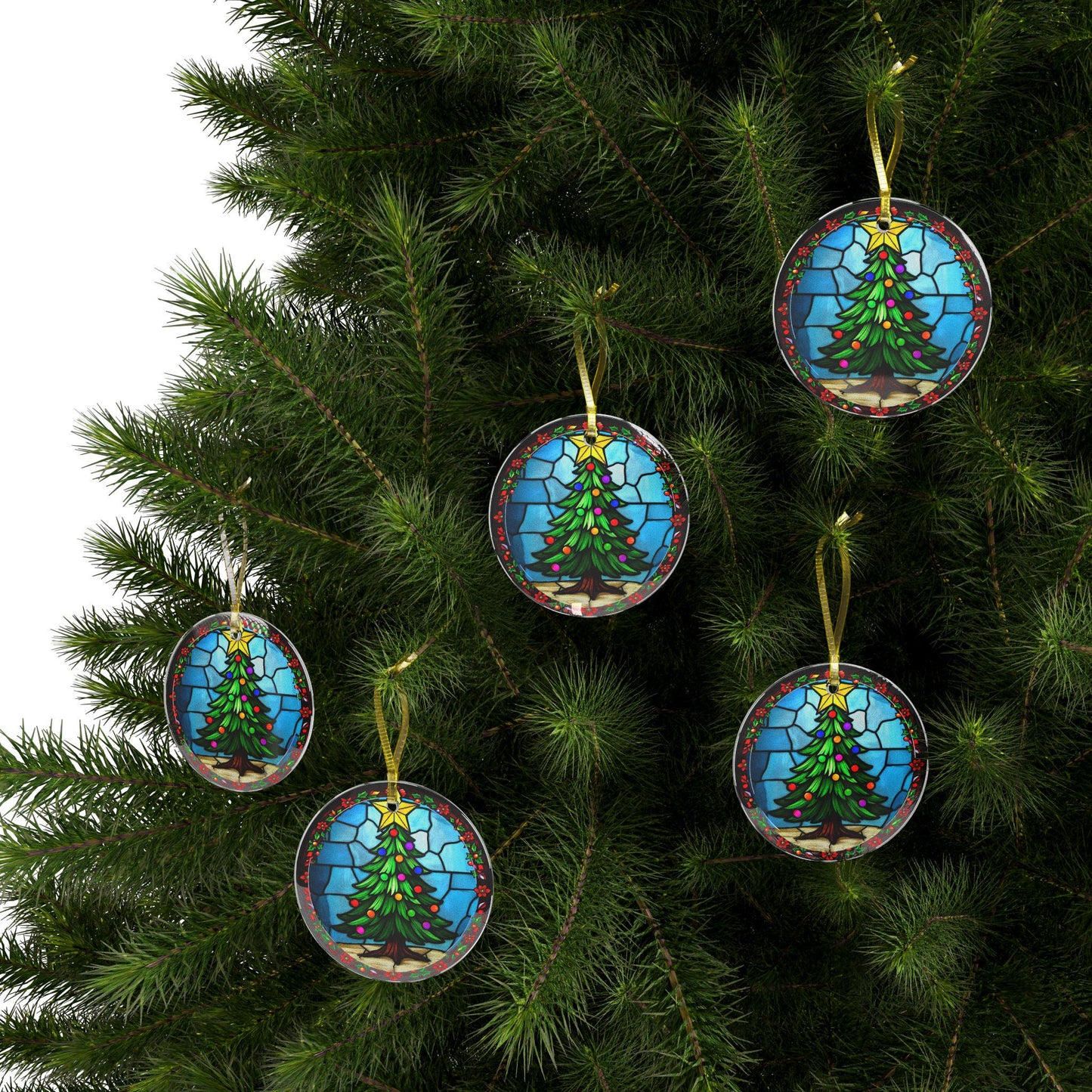 Glass Ornaments - Stained Glass Christmas Tree Decoration, Holiday Baubles, Xmas Tree Decor, Festive Hanging Ornament, Tree Decoration - Printspirationz