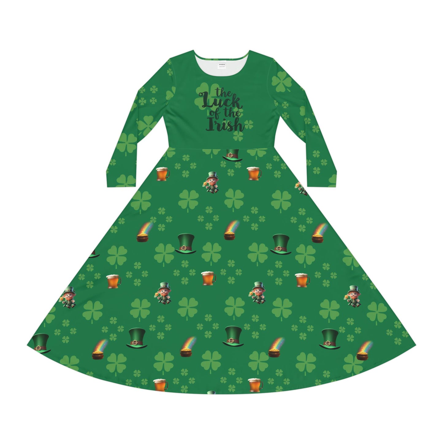 Dance Dress, St Patrick's Day Irish Lucky Charm Women's Long Sleeve, 4 Leaf Clover, Pot o' Gold, Leprechaun, Irish Beer Mug, Green Top Hat, - Printspirationz