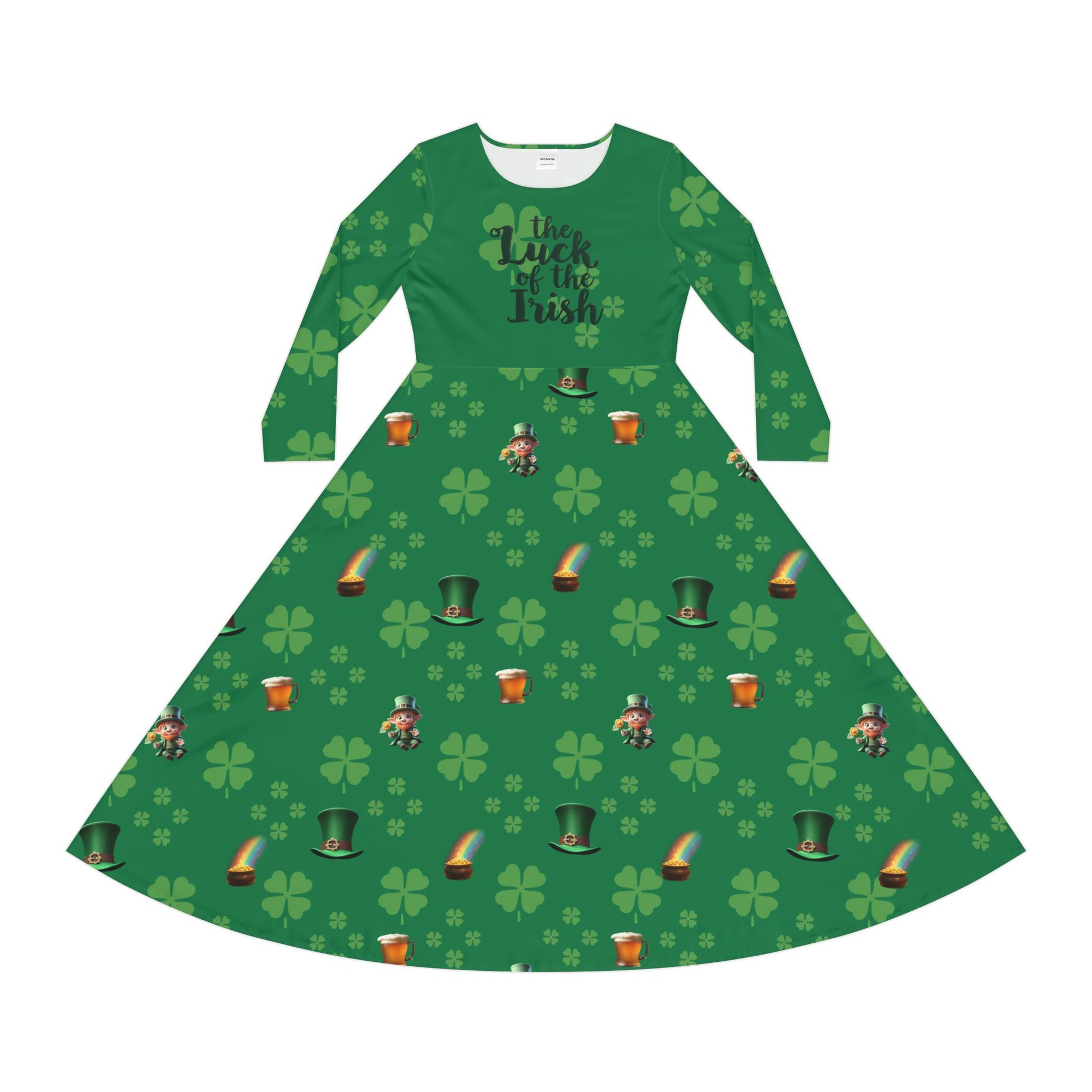 Dance Dress, St Patrick's Day Irish Lucky Charm Women's Long Sleeve, 4 Leaf Clover, Pot o' Gold, Leprechaun, Irish Beer Mug, Green Top Hat, - Printspirationz