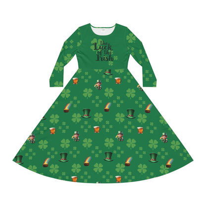 Dance Dress, St Patrick's Day Irish Lucky Charm Women's Long Sleeve, 4 Leaf Clover, Pot o' Gold, Leprechaun, Irish Beer Mug, Green Top Hat, - Printspirationz