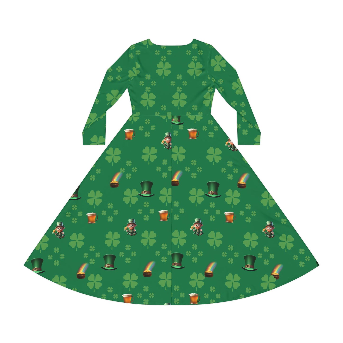 Dance Dress, St Patrick's Day Irish Lucky Charm Women's Long Sleeve, 4 Leaf Clover, Pot o' Gold, Leprechaun, Irish Beer Mug, Green Top Hat, - Printspirationz
